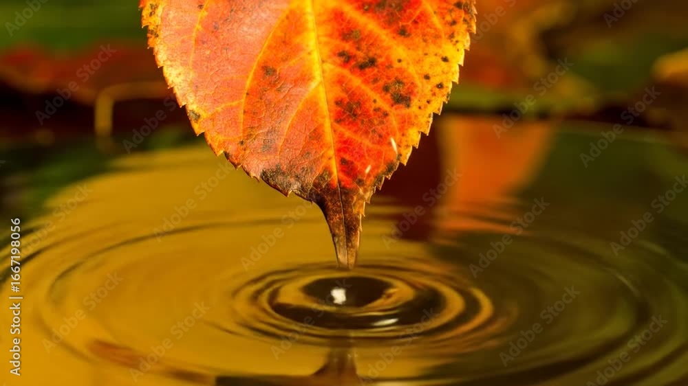 Poster close up of an autumn leaf dropping into water creating ripples with yellow color reflection in an o