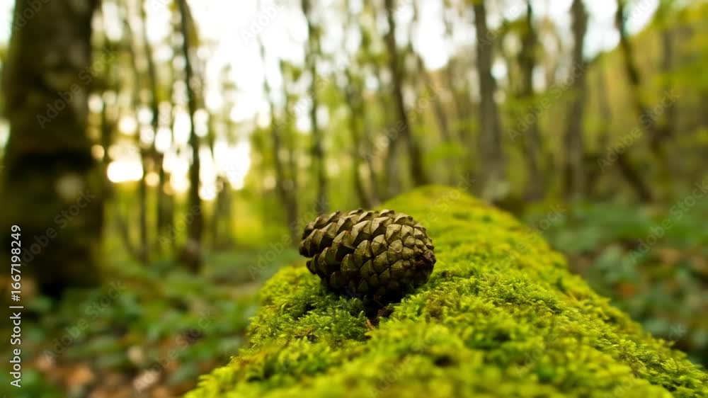 Poster pinecone on moss covered log in forest with shallow depth of field and soft light in a green forest 
