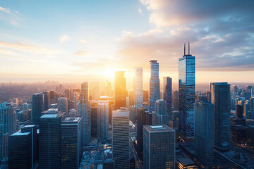 Fototapeta premium A futuristic city skyline glows with bioluminescent lights as nightfall approaches. Sleek skyscrapers reflect a vibrant atmosphere during the golden hour, showcasing modern urban innovation.