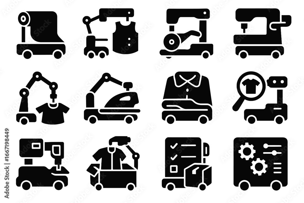 Poster fabric stitching production robot insertion folding ai icons automated module icon tailoring