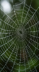 Obraz premium Intricate spiderweb covered in morning dew drops with a green background
