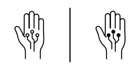 Digital Handprint Icon: A stark digital illustration presents two hands with circuit-like designs, signifying technology's integration with the human form, against a minimalist background.