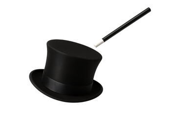 Black top hat and magic wand isolated on a transparent background illusion performance