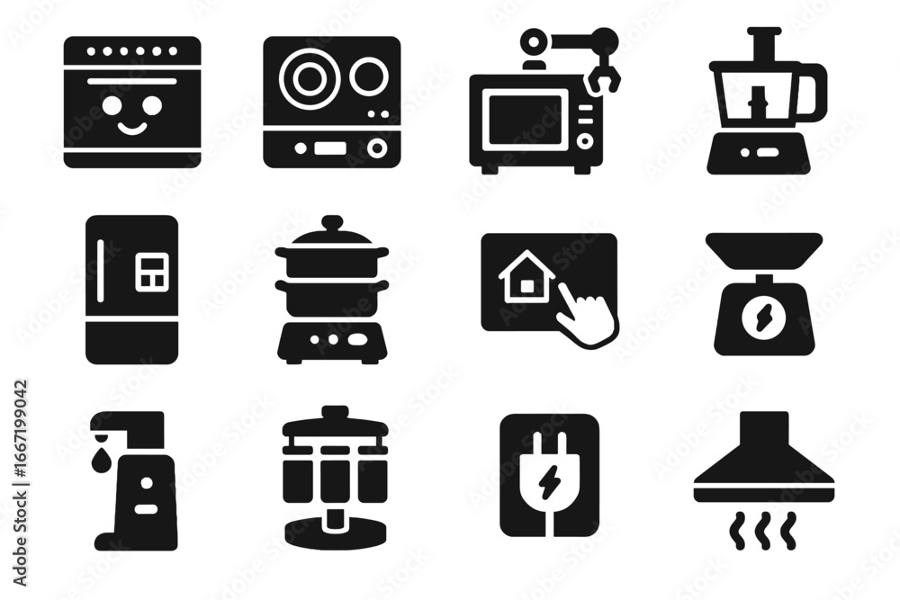 Poster induction cooker vector icon sensor appliance chef robotic microwave robot spice digital