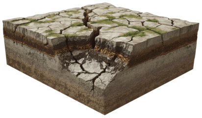 Cracked earth cross-section, drought, soil erosion, background blur