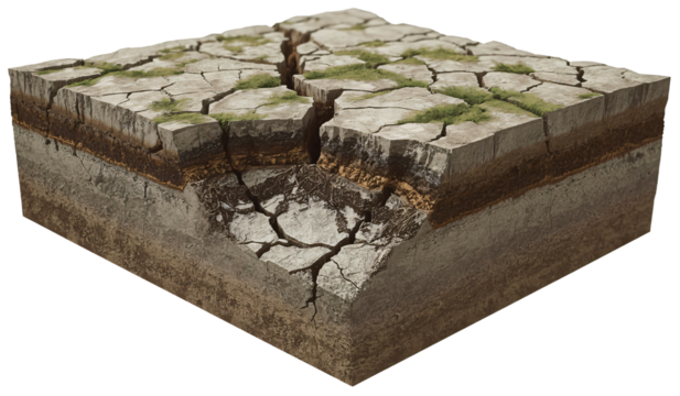 Cracked earth cross-section, drought, soil erosion, background blur