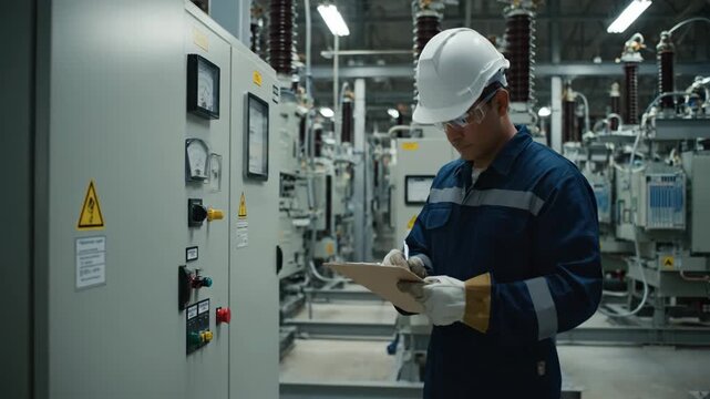 Energy Engineer Inspecting Electrical Panel - An engineer in a power substation meticulously inspects an electrical panel, carefully recording observations on a clipboard.