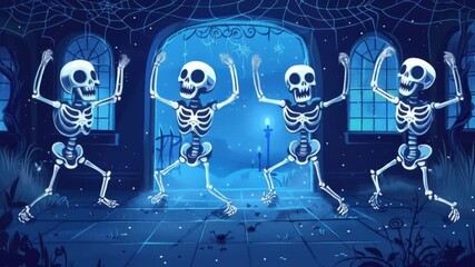 Funny cartoon animation with funny dancing skeletons in a dark, scary blue castle. Video wallpaper, Halloween background