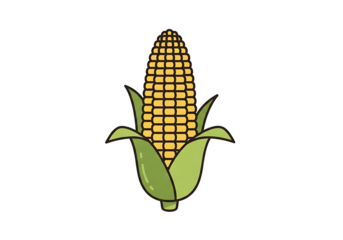 A simple, cartoon-style illustration of an ear of corn, featuring yellow kernels and green leaves, set against a stark black background.