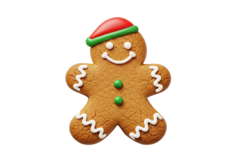 A festive gingerbread man cookie, adorned with a festive red and green hat, sits against a dark background.