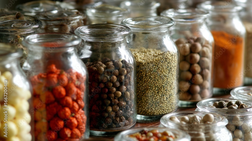 Poster glass jars filled with assorted spices and seeds arranged neatly in rustic kitchen background