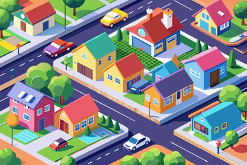 Isometric city architecture set with residential houses on a road map illustration