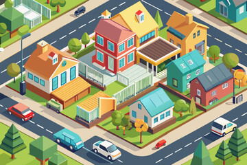 Vector illustration of an isometric city with houses, streets, and urban buildings, including business offices and factories