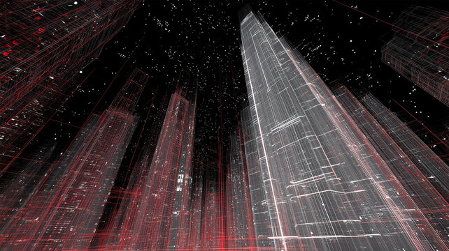 仮想空間に浮かぶ赤いワイヤー都市