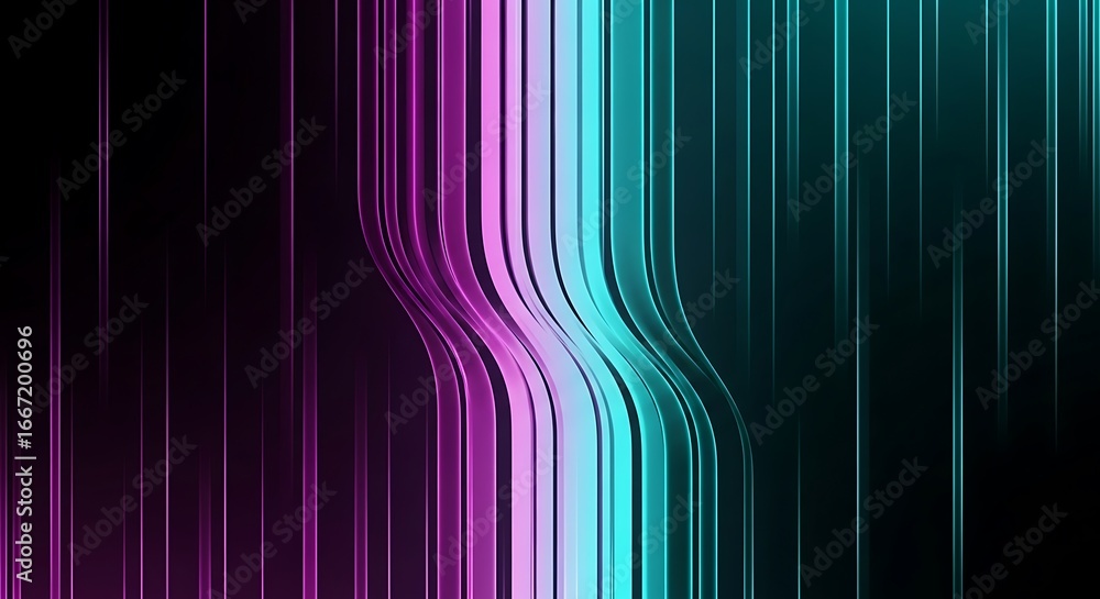 Poster illustration of abstract glowing lines of pink and cyan create a futuristic, wavy pattern on a dark 