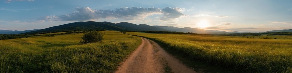 Serene pathway through lush green field at sunset with majestic mountain views