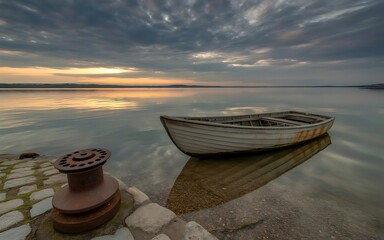 Serene weathered boat resting on cobblestone by tranquil water at sunset