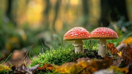 Two red mushrooms in forest setting with moss and sunlight in natural woodland environment