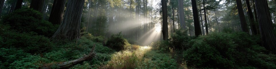 Fototapeta premium Sunlight filtering through majestic redwood forest with lush greenery