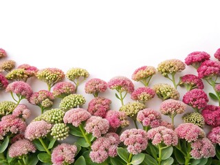 Delicate sedum flowers with varying shades of pink and white on white