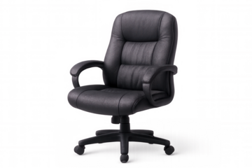 Comfortable black office chair with wheels, isolated on transparent background, perfect for office and workplace settings