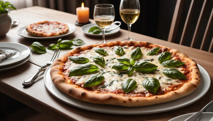 Cheesy pizza served on elegant restaurant table with basil leaves