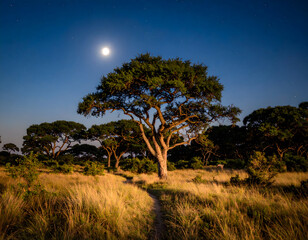 Obraz premium Idyllic tree in open landscape under sunlight representing serenity and growth