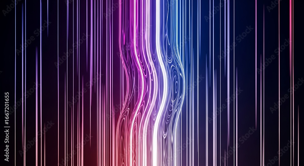 Poster illustration of wavy lines of vibrant light create a dynamic abstract pattern on a dark background