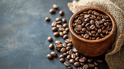 Rustic coffee beans in wooden bowl and scattered on table with textile background and cozy mood