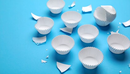 Broken White Cupcake Liners Scattered on a Vibrant Blue Background.
