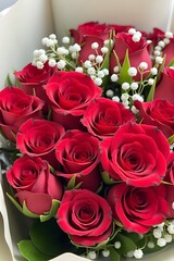 This bouquet of red roses with white baby's breath is classic, romantic, and visually striking 
