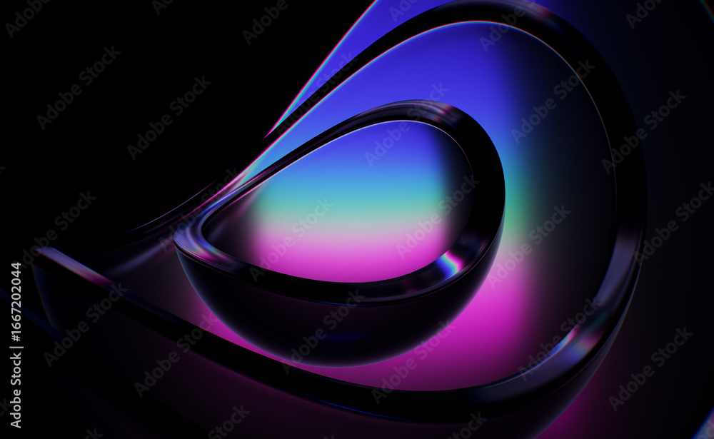 Poster glass geometric shapes with refraction effect. 3d render isolated on black.