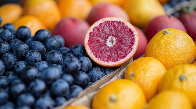 Mixed citrus fruits and blueberries arranged closeup for healthy food and antioxidant-rich natural nutrition theme