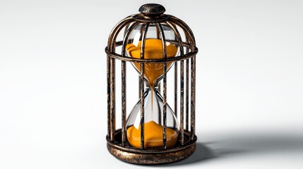 A vintage hourglass encased in a decorative cage, symbolizing the confinement of time with a golden sand flow.