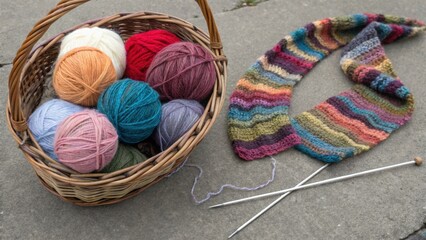 A collection of colorful yarn balls rests in a wicker basket beside an unfinished multi-colored scarf and knitting needles, hinting at cozy creations