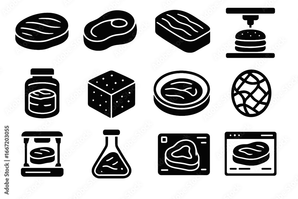Poster tissue display scaffold flask petri protein burger engineered icon meat lab vector