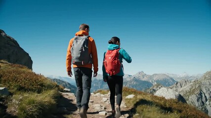 Couple Hiking Mountain Trail Scenic View - A couple with backpacks hikes along a mountain trail, enjoying a breathtaking view of a mountain range under a clear blue sky.