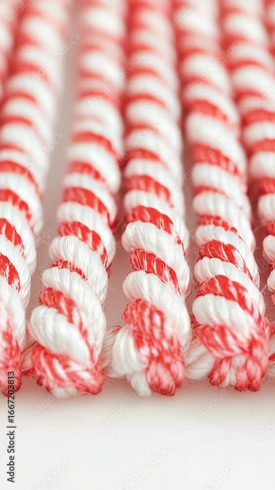 Poster a close-up shot of a string of red and white yarn, ideal for crafting or textile projects