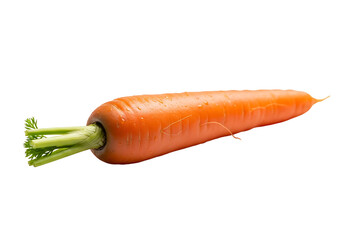 A single, vibrant orange carrot, fresh and wet, is prominently displayed against a pure black backdrop.