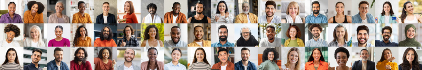 Fototapeta premium A vibrant collage showcases a diverse group of people smiling joyfully. This collection highlights happiness and inclusivity among various backgrounds and cultures in a bright setting.