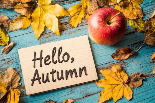 A cozy autumn atmosphere is conveyed through a greeting card with a hello autumn text, paired with a flat lay fall image of a pumpkin, leaves, and berries arranged on a rustic wooden background,