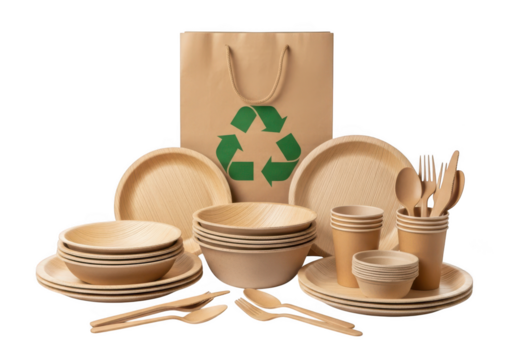 A full set of wooden tableware for an ecofriendly dining experience on transparent background