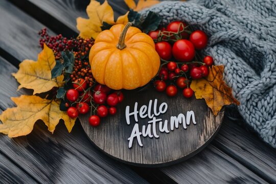 A cozy autumn atmosphere is conveyed through a greeting card with hello autumn text, paired with a flat lay fall image, highlighting a beautiful pumpkin, leaves, and berries on a sweater, positioned