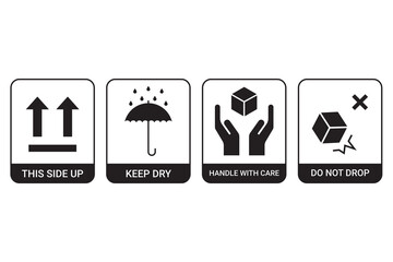 Set of this side up, Fragile, handle with care, keep it dry, keep it away from Heat, don't drop, 