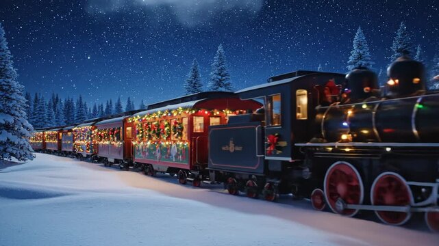 Festive Christmas Train in Winter Wonderland - A charming, decorated steam train chugs through a snowy forest under a starry winter night sky.