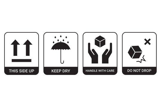 Set of this side up, Fragile, handle with care, keep it dry, keep it away from Heat, don't drop, 