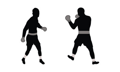 Vector illustration of two athletes boxing in gloves, standing face to face in fighting position. Black silhouette design isolated on white background.
