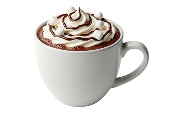 A close-up view of a steaming mug of hot chocolate, topped with whipped cream, chocolate swirls, and mini marshmallows, against a pure black background.