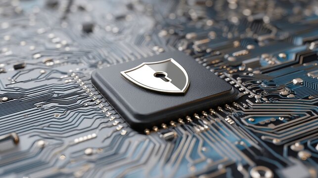 A close-up view of a microchip with a shield symbol, emphasizing cybersecurity and technology advancement.