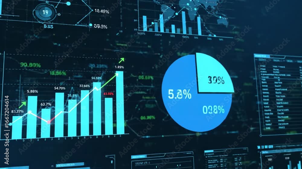 Poster Financial Data Analysis Display - A detailed visualization of financial data is presented, including bar graphs, line graphs, and a pie chart, all displaying upward trends and key percentage values.
